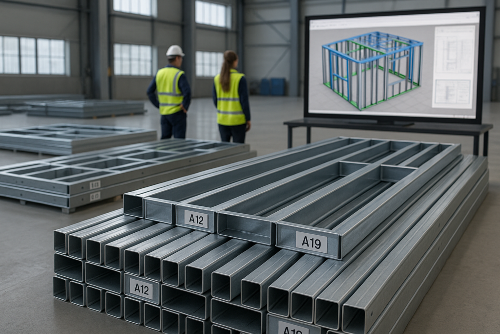 Renderização BIM de um projeto Light Steel Frame em ambiente de fábrica, mostrando perfis metálicos leves pré-cortados e etiquetados, com equipes de engenharia e software de modelagem exibidos na tela ao fundo, ilustrando precisão dimensional e redução de erros antes da montagem no canteiro, demonstrando uma contrução LSF ágil.